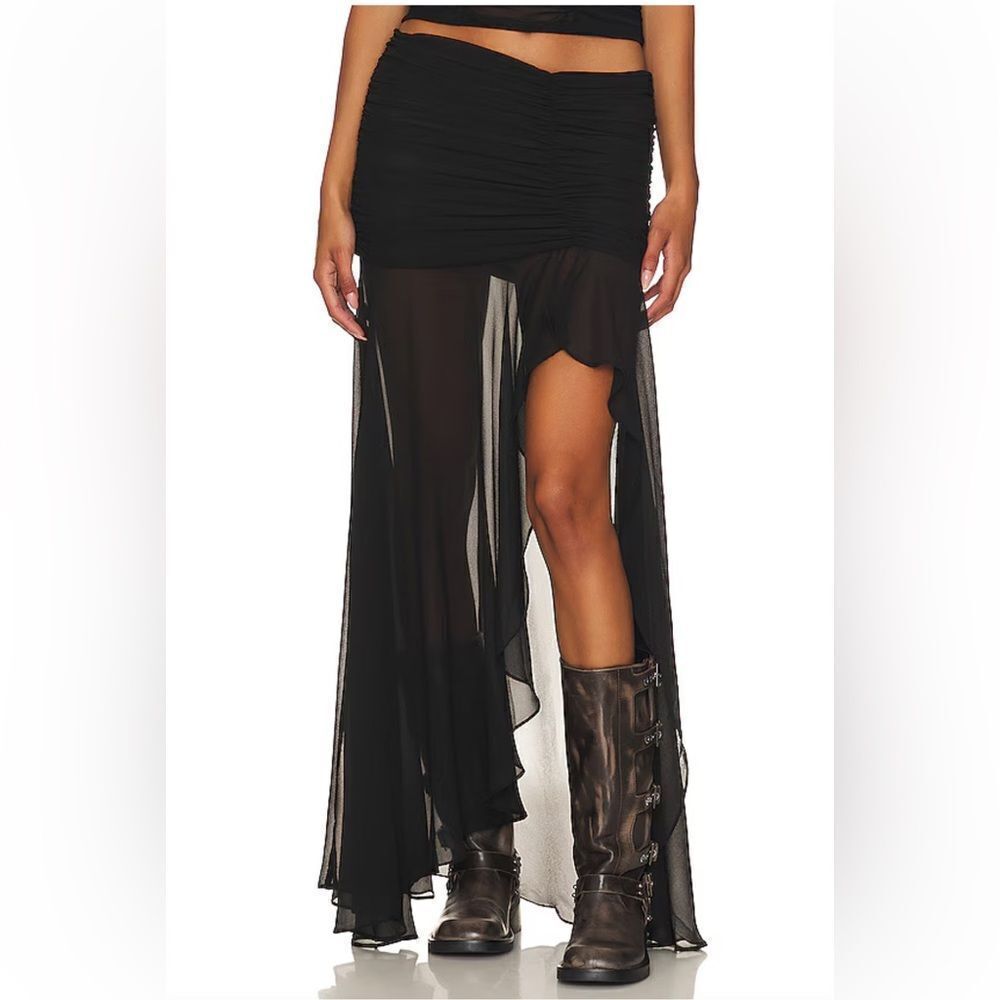 Majorelle Tatiana Skirt in Black chiffon sheer midi maxi high slit Revolve L